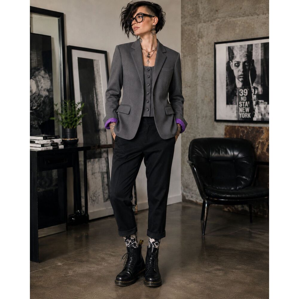 Womens Gray Blazer Jacket Built-In Vest Panel Button Front Workwear Size 12